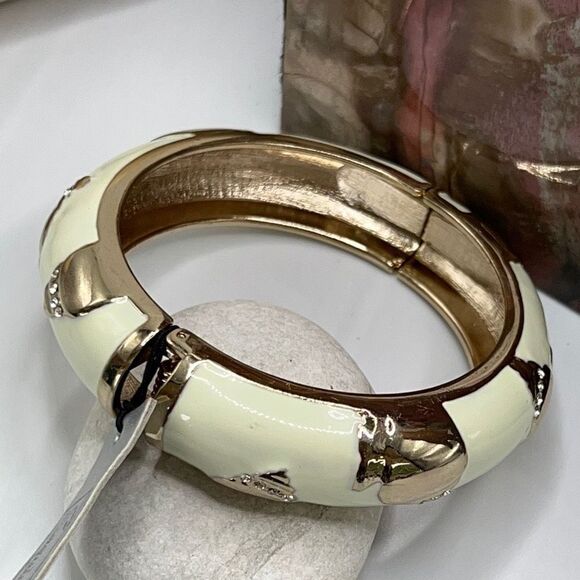 White Enamel Geometric Pattern Accented with Clear Crystals in Gold Hinged NWT - Picture 7 of 10